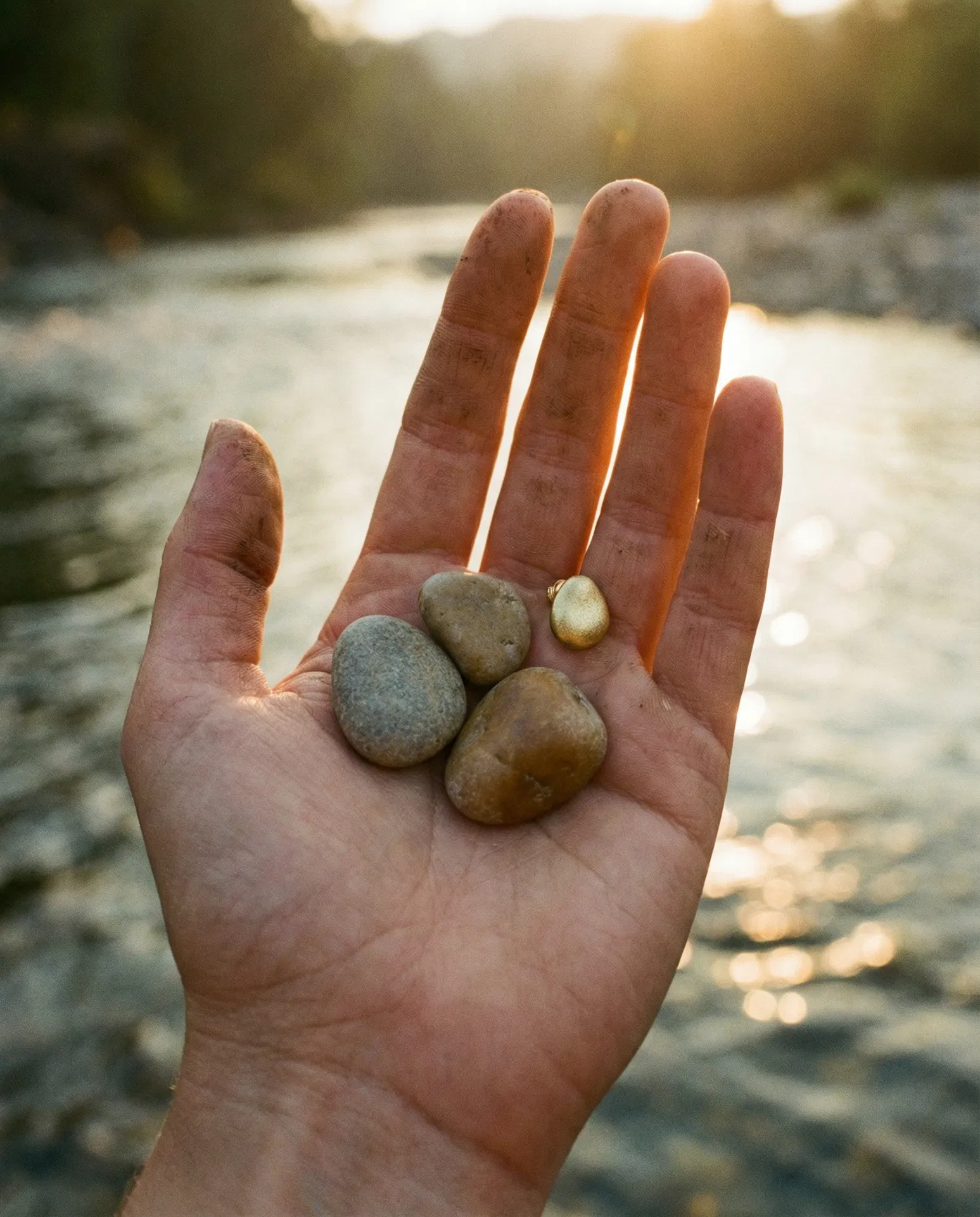 Hand holding river pebbles in golden light