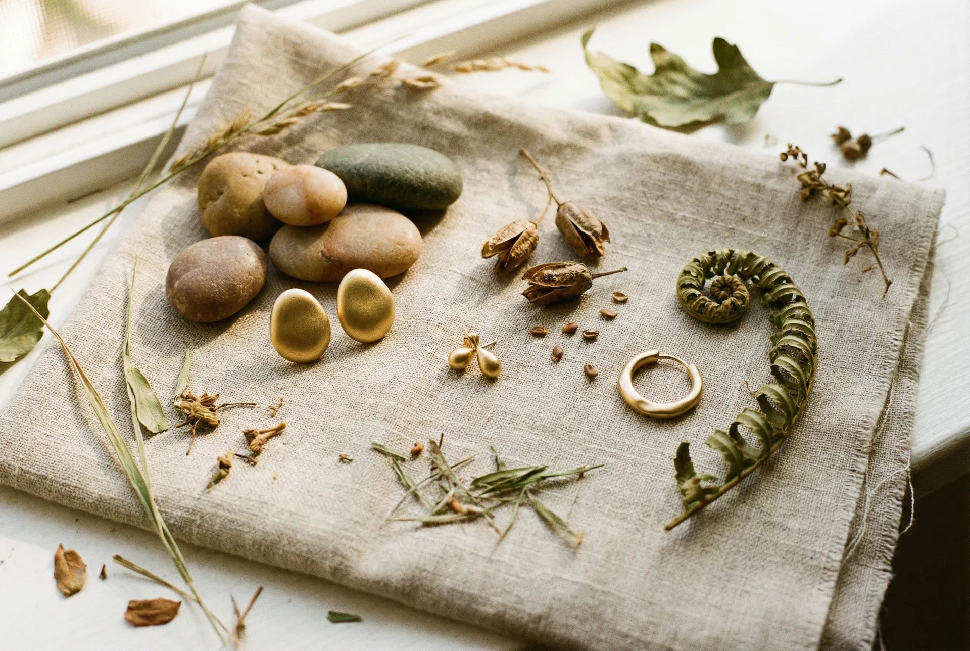 Riverhour earrings arranged alongside natural specimens